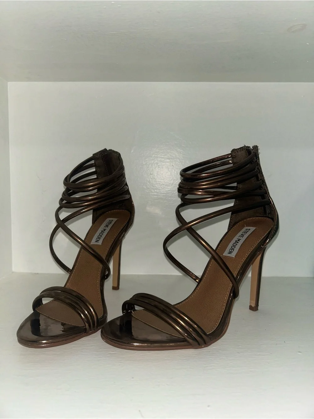 Steve Madden Metallic Bronze Multi-Strap Stiletto Sandals